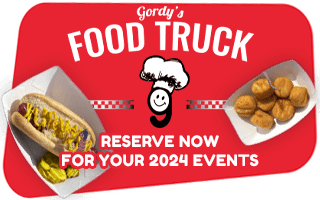 Grody's Hi-Hat Food Truck logo along side hot dogs, brats and appetizers, available for events and parties.